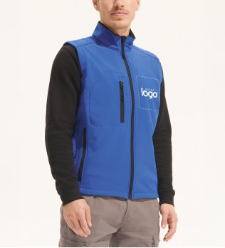 Bodywarmer Softshell Rallye en coloris Royal avec votre logo dans la zone de personnalisation Détails manche et poche de la veste Softshell Relax en coloris Royal