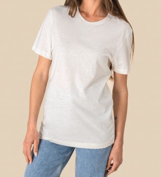 mannequin femme de face portant le T-shirt écoresponsable en coton bio et lin unisexe personnalisable