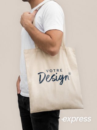 Tote bag personnalisable en livraison express, porté, personnalisé avec votre design
