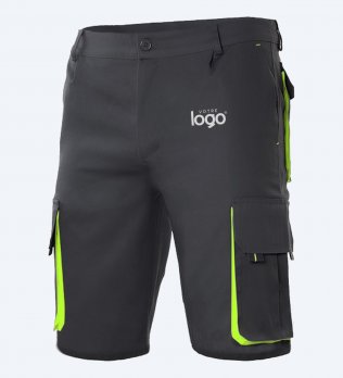 Packshot du bermuda de travail multipoches bicolore V3007 en coloris Black / Lime avec simulation de marquage logo sur la cuisse