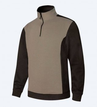 Sweat de travail col zippé V5703 en coloris beige et noir, vue de face sur fond gris