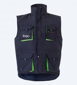 Packshot du gilet matelassé bicolore multipoches V5902 en coloris Navy / Lime avec simulation de marquage logo sur la poche poitrine Packshot du gilet matelassé bicolore multipoches V5902 en coloris Navy / Lime avec simulation de marquage logo sur la poche poitrine
