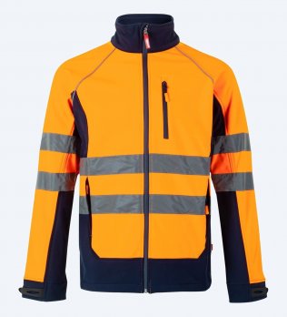 Blouson softshell haute visibilité orange fluo et marine