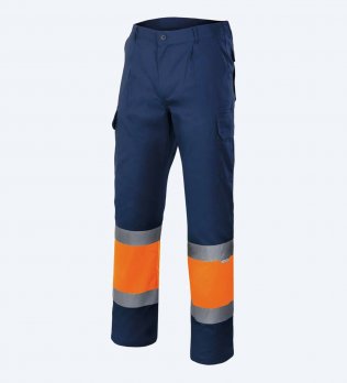 Pantalon bicolore haute visibilité VL157 en coloris Navy / Orange vu de face sur fond gris