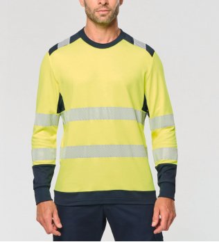 mannequin homme de face portant le T-shirt de sécurité recyclé col rond manches longues unisexe personnalisable