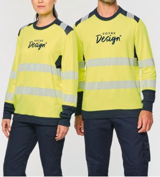 mannequin homme et femme de face portant le T-shirt de sécurité recyclé col rond manches longues unisexe personnalisable