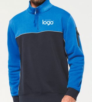 Sweat bicolore personnalisable WK404 en coloris Navy/Royal Blue avec exemple de logo blanc sur la poitrine