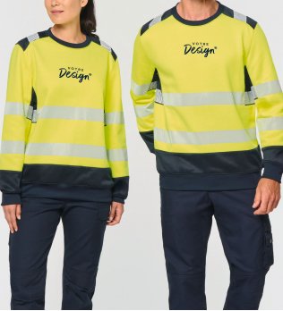 mannequin homme et mannequin femme de face portant le Sweat-shirt de sécurité recyclé col rond unisexe personnalisable