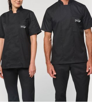 mannequin homme et mannequin femme de face portant la Veste de cuisine écoresponsable manches courtes unisexe personnalisable
