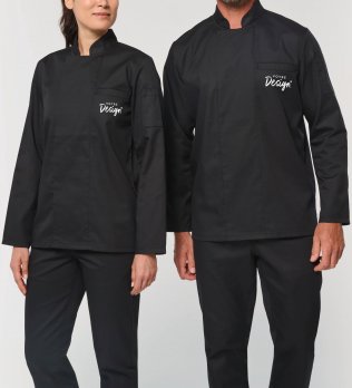 mannequin homme et mannequin femme de face portant la Veste de cuisine écoresponsable manches longues unisexe personnalisable