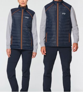 mannequin homme et mannequin femme de face portant le Bodywarmer Day To Day bi-matière unisexe personnalisable mannequin homme et mannequin femme de face portant le Bodywarmer Day To Day bi-matière unisexe personnalisable