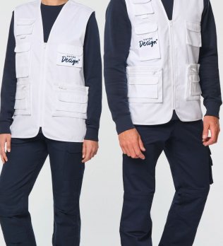 mannequin homme et mannequin femme de face portant le Gilet polycoton multipoches doublé unisexe personnalisable mannequin homme et mannequin femme de face portant le Gilet polycoton multipoches doublé unisexe personnalisable