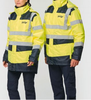 mannequin homme et mannequin femme de face portant la Parka de sécurité recyclée 4 en 1 unisexe personnalisable mannequin homme et mannequin femme de face portant la Parka de sécurité recyclée 4 en 1 unisexe personnalisable