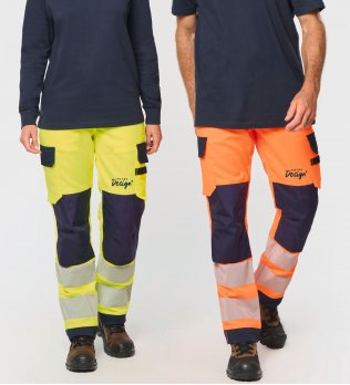 mannequin homme et mannequin femme de face portant le Pantalon de sécurité recyclé multipoches unisexe personnalisable mannequin homme et mannequin femme de face portant le Pantalon de sécurité recyclé multipoches unisexe personnalisable