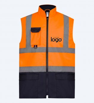 Bodywarmer rembourré haute visibilité orange fluo et marine à personnaliser