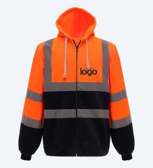 Sweat à capuche zippé haute visibilité orange fluo et marine à personnaliser
