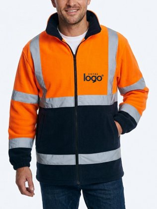 Veste polaire haute visibilité YHVK08 coloris Hi Viz Orange / Navy personnalisée avec votre logo brodé côté cœur