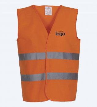 Packshot du gilet haute visibilité 2 bandes YHVW102 en coloris Hi Viz Orange avec simulation de marquage logo sur le cœur